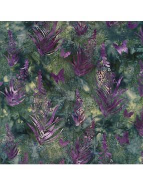 Tissu Batik marbré Vert imprimé de feuilles Violettes