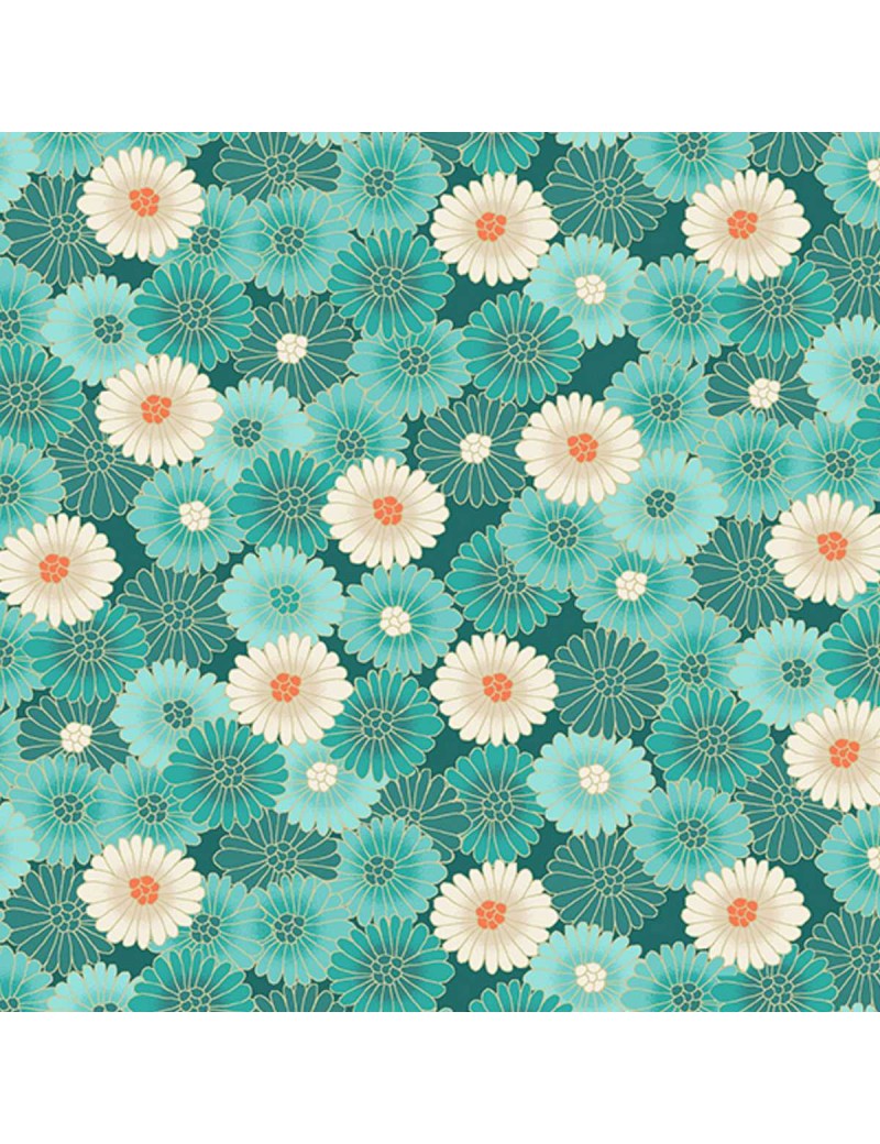 TP-2521-T Chrysanthemum Teal tissu japonais fleuri Hikari Makower