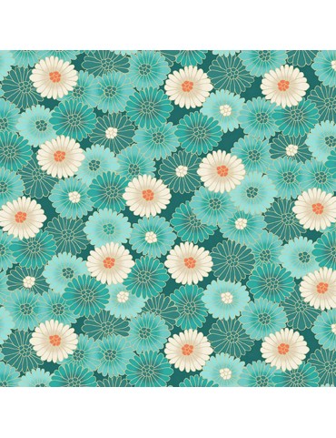 TP-2521-T Chrysanthemum Teal tissu japonais fleuri Hikari Makower