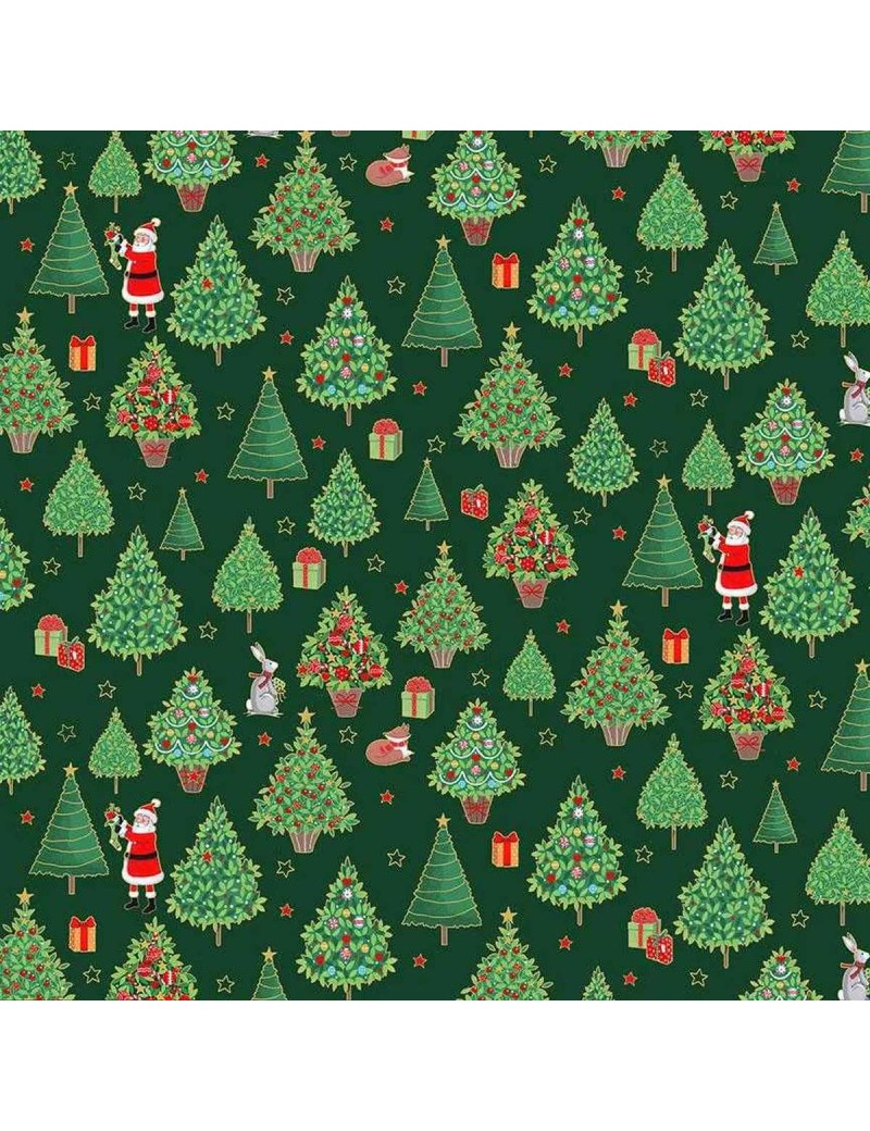 Tissu coton Merry Christmas Trees vert