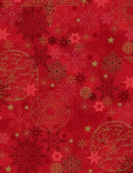 We Love Christmas cotton fabric with snowflakes, stars and balls in red and gold