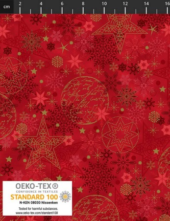 Tissu patchwork We Love Christmas flocons de neige, étoiles et boules rouge et or