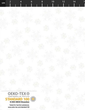 We Love Christmas cotton fabric with pearly snowflakes on a white background