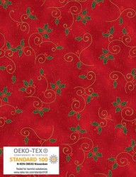 We Love Christmas cotton fabric with arabesques and holly leaves on a red back