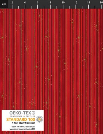 We Love Christmas cotton fabric with red and gold stripes and stars