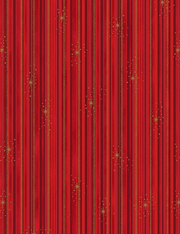 We Love Christmas cotton fabric with red and gold stripes and stars