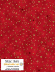 We Love Christmas cotton fabric with red background printed with golden stars