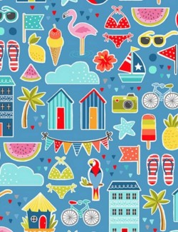 Pool Party patchwork fabric with beach symbols on blue or white