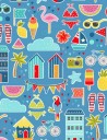 Pool Party patchwork fabric with beach symbols on blue or white