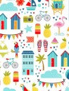 Pool Party patchwork fabric with beach symbols on blue or white