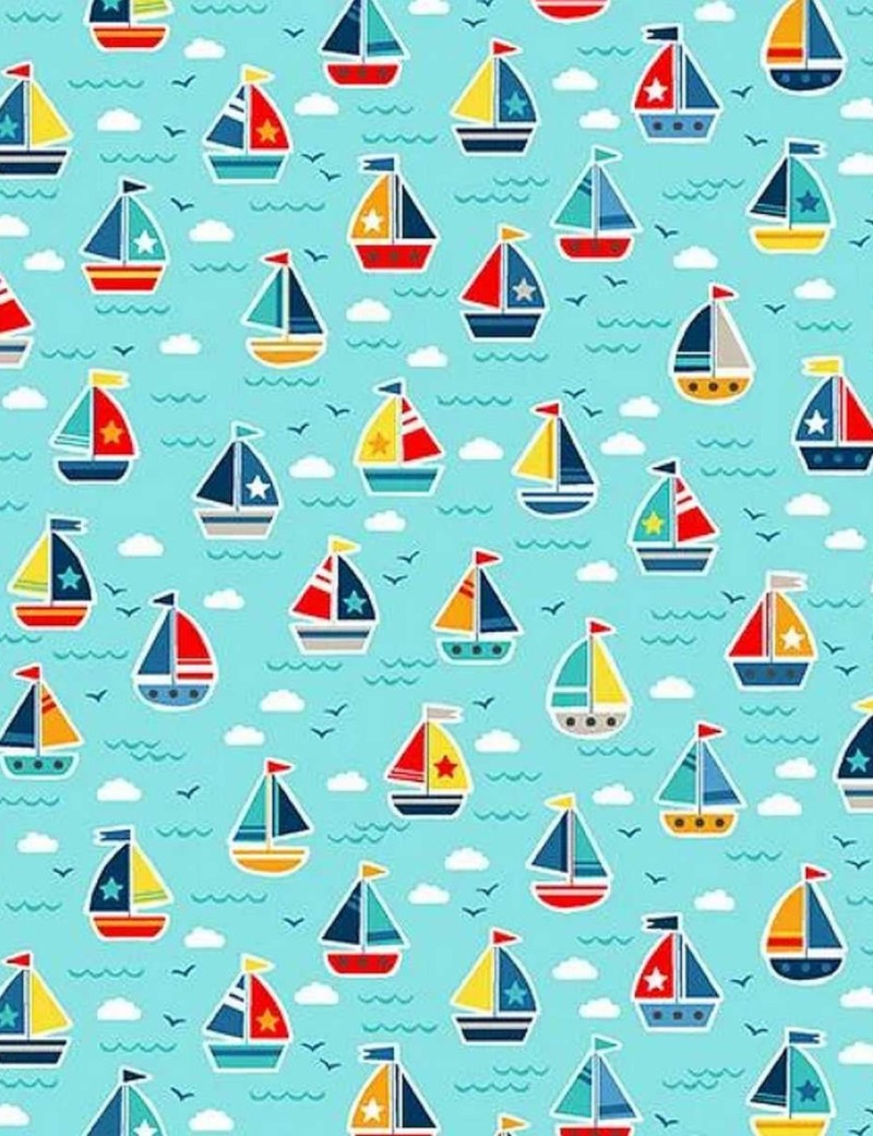 Pool Party patchwork fabric with boats on blue background