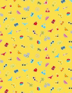 Pool Party patchwork fabric with icons on yellow background