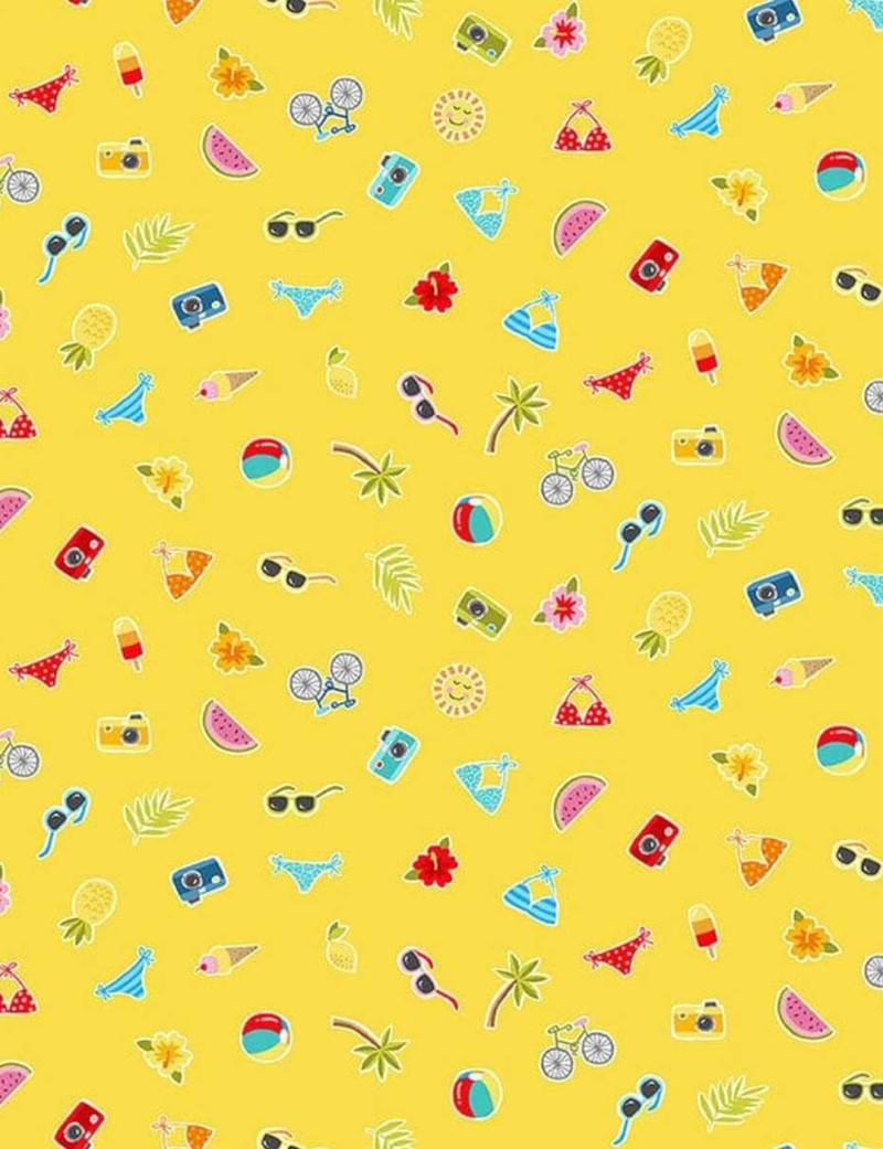 Pool Party patchwork fabric with icons on yellow background