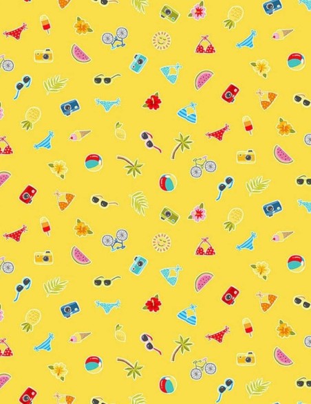 Pool Party patchwork fabric with icons on yellow background