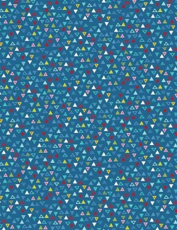 Pool Party patchwork fabric with pennants on blue background