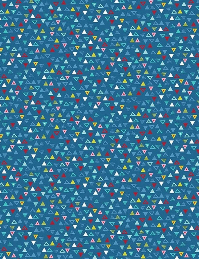 Pool Party patchwork fabric with pennants on blue background