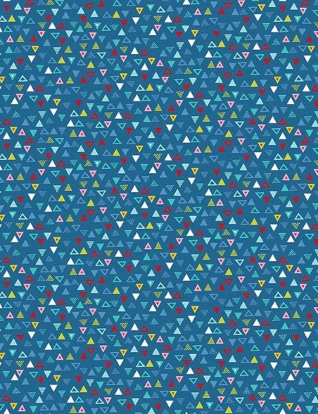 Pool Party patchwork fabric with pennants on blue background