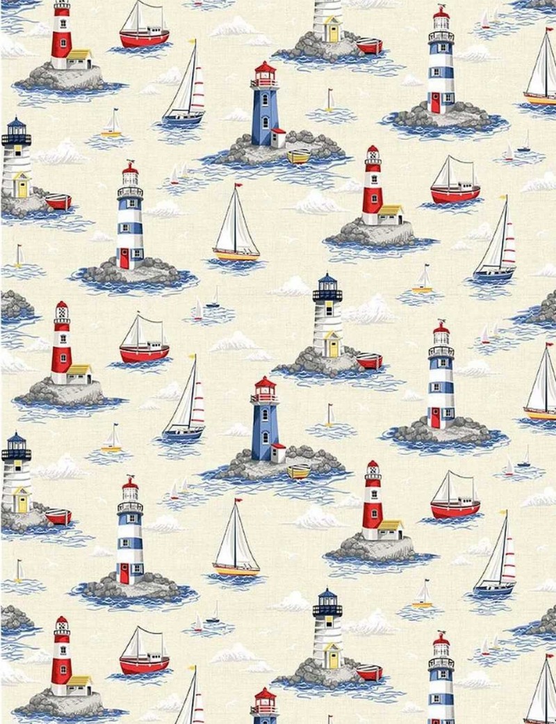 Tissu coton Nautical à motif de phares et de voiliers