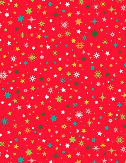 Patchwork cotton fabric with multicoloured stars on a red background