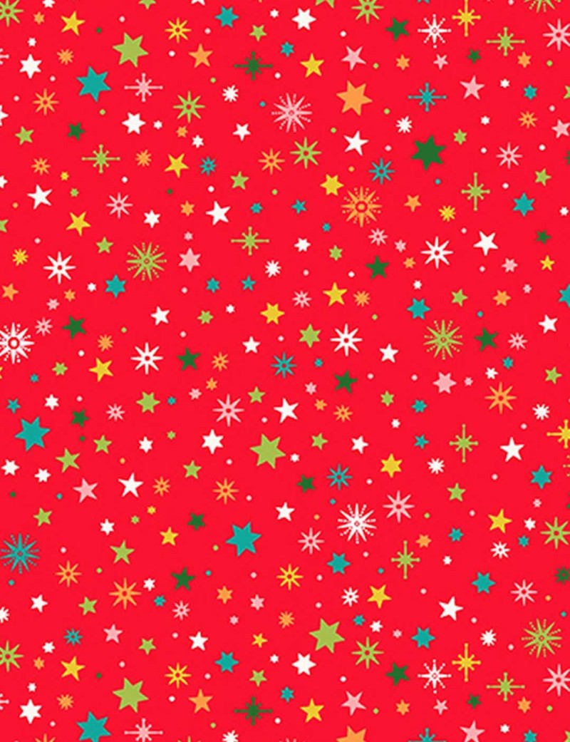 Patchwork cotton fabric with multicoloured stars on a red background