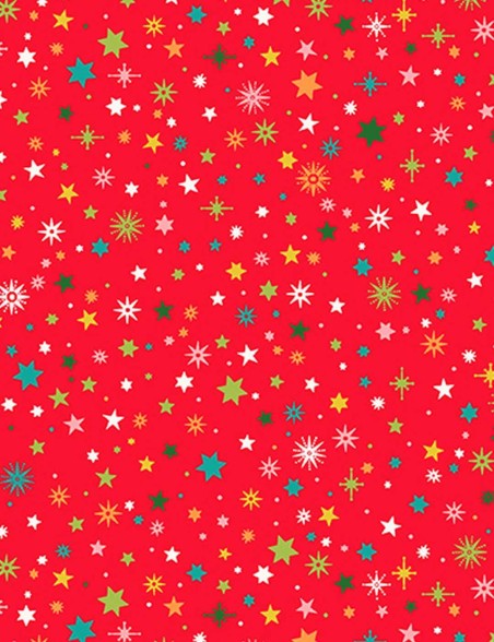 Patchwork cotton fabric with multicoloured stars on a red background