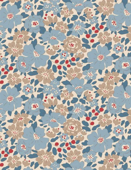 Harper Blue Tilda fabric printed with small flowers and berries.