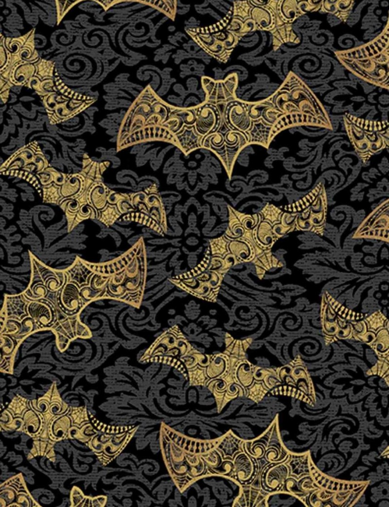 Halloween fabric with bat motif on a damask background