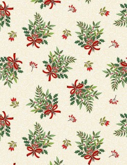 Tissu coton Noël Classic Foliage avec dorures à motifs de bouquets