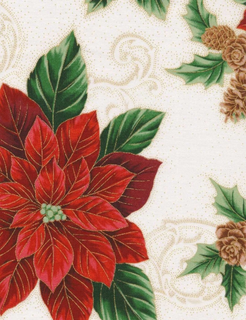 Christmas Splendor patchwork fabric Poinsettias and pine cones