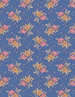 Tilda Frida blue fabric printed with bouquets of flowers and berries.