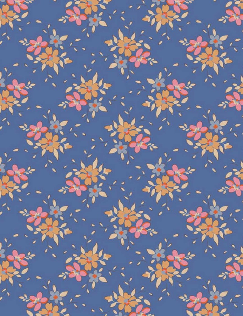 Tilda Frida blue fabric printed with bouquets of flowers and berries.