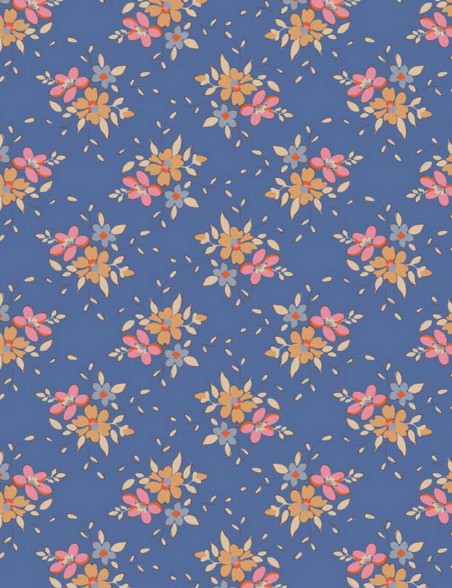 Blue Tilda Frida fabric printed with bouquets and berries.