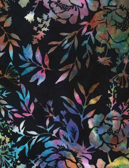 Batik fabric printed with colourful flowers and foliage on black back