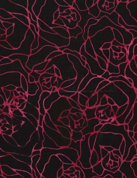 Fat quarter batik printed with pink flowers on a black background.