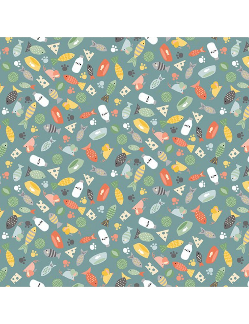 Tissu coton Cool Cat 2019 Vert à motifs de Poissons et d'empreintes de Chats Multicolore