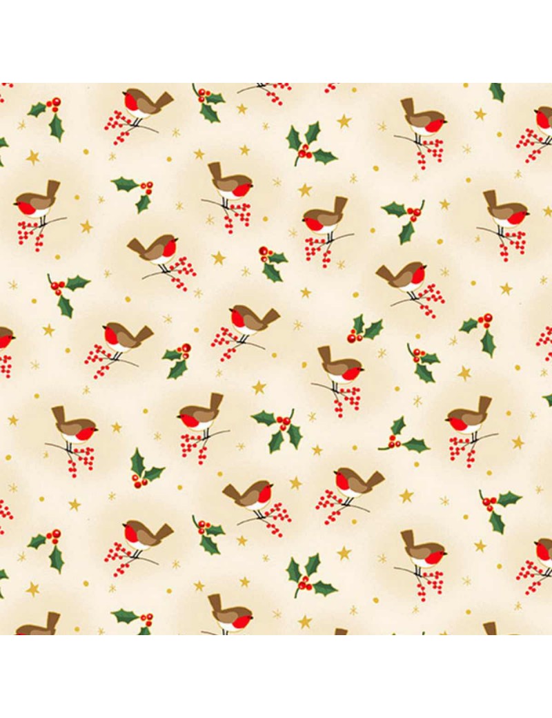 Fat quarter Noël Classic Foliage avec dorures à motifs de rouges-gorges